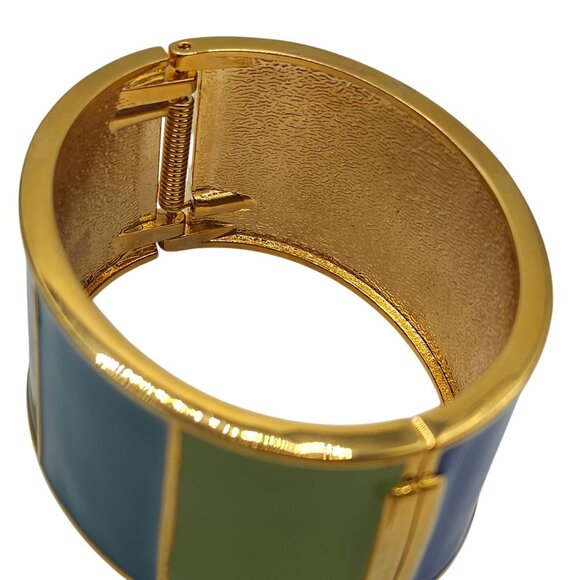 Green/Blue Enamel Gold Tone Chunky Bangle Cuff Bracelet Boho Cottage Cabincore - Picture 8 of 14